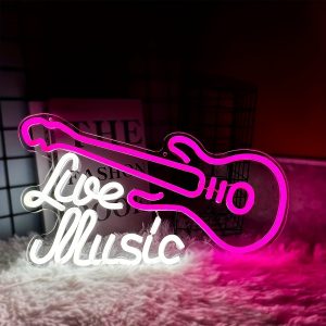 1 pc Live Music Guitar LED neon sign, ambient wall decoration neon sign for music studios, parties, game rooms, homes, living rooms, bars, clubs, bedrooms and home wall decorations, as a friend’s family birthday, music lover gift preferred, USB powered light up sign hanging device, 5V USB power supply