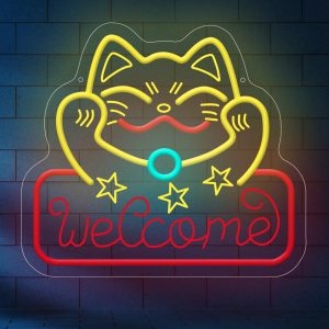 1 pc fortune cat welcome LED neon sign, 3D engraved ambient wall decoration neon sign for shops, pet shops, parties, offices, game rooms, homes, clubs, living rooms, bars, bedrooms and home wall decorations, preferred as birthday and holiday gifts for friends and family, USB powered illuminated sign hanging device, 5V USB power supply