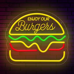 1 pc Enjoy Our Burgers LED neon sign, 3D engraved ambient wall decoration neon sign for restaurants, shops, fried chicken shops, burger joints, fast food shops, parties, offices, game rooms, homes, clubs, living rooms, bars, bedrooms and home wall decorations, preferred choice for friends and family’s birthday and holiday gifts, USB powered illuminated sign hanging device. 5V USB Power Supply