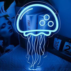 1 pc Ice Blue Jellyfish LED Neon Sign, 3D Engraving, Ambient Wall Decoration Neon Sign for Bars, Ocean Themed Parties, Offices, Homes, Clubs, Living Rooms, Bedrooms and Home Wall Decorations, Preferred as Birthday and Holiday Gifts for Friends and Family, USB Powered Illuminated Sign Hanging Unit, 5V USB Power Supply