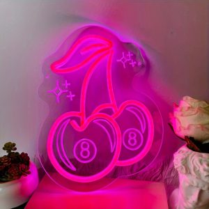 1 pc Trendy 8 Ball Cherries LED Neon Sign, 3D Engraving, Ambient Wall Decoration Neon Sign for shops, studios, parties, offices, homes, clubs, living rooms, bedrooms, and home wall decorations, preferred as birthday and holiday gifts for friends and family, USB Powered Light Up Sign Hanging Unit, 5V USB Power Supply