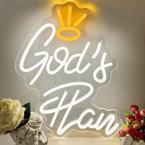 1 pc God’s Plan Neon LED Sign, Wall Decoration White Letter Neon Sign, Great for parties, bedrooms, bars, shops, rooms, friends gatherings wall decorations, USB Powered Illuminated Sign Hanging Unit, Wall Mounted LED Lights, 5V USB Power Supply