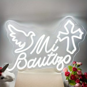 1 pc Mi Bautizo Neon LED Sign, Wall Decoration White Alphabet Neon Sign, Ideal for Children’s Birthday Parties, Christening Parties, Christmas, Bedrooms, Home, Rooms, Gardens, Pubs, Easter, Bars, Shops, Friends Gatherings Wall Decorations