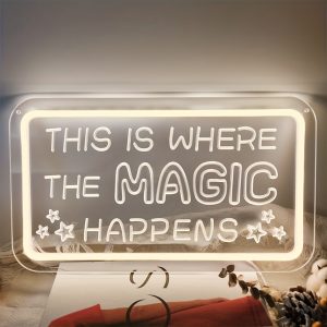 1 pc This Is Where The Magic Happens LED neon sign, 3D engraving, ambient wall decoration neon sign for shops, weddings, studios, coffee shops, parties, offices, homes, clubs, living rooms, bedrooms, and home wall decorations, as a gift for friends and family for birthdays and holidays, USB powered light up sign hanging device. 5V USB power supply