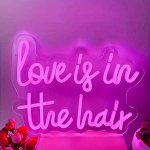1 pc Love is in the Hair Dimmable Pink Letter Neon LED Sign, Salon Hairdressing Wall Decoration Neon Sign, Perfect for Barber Shop, Beauty Salon, Beauty Shop, Bedroom, Shop, Room Wall Decoration, Wall Mounted LED Lights, 5V USB Power Supply