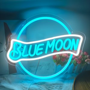 1 pc Blue Moon LED neon sign, ambient wall decoration neon sign for party, office, game room, home, club, living room, bar, bedroom and home wall decorations, as a friend’s family birthday, holiday gift preferred, USB powered light up sign hanging device, 5V USB power supply