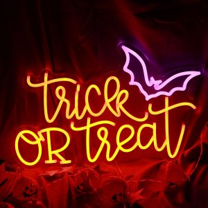 1 pc Trick or Treat Halloween Wall Neon Decoration, Dimmable LED Halloween Ambiance Wall Decoration Neon Sign, great for Halloween parties, bedrooms, birthday parties, pubs, shops, rooms, friends party wall decorations, as a friend’s family birthday, Halloween gift preferred, USB powered light up sign hanging device, 5V USB power supply