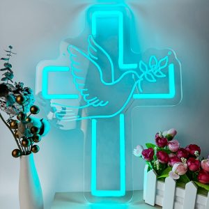 1 pc Peace Cross Neon LED Sign, Wall Decoration Ice Blue Neon Sign,Artistic Sculpture Design Decoration, Great for Christian Easter, Engagement Wedding, Bedroom, Shop, Room, Baby Celebration, New Year’s Friends Party Wall Decoration