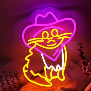 1 Rose Cowboy Hat Cat LED Neon Sign, Wall Decoration Neon Sign for Home, Club, Living Room, Kids Store, Game Room, Men’s Cave, Birthday Party Gift, Bedroom and Home Wall Decoration, 5 V USB Power Supply