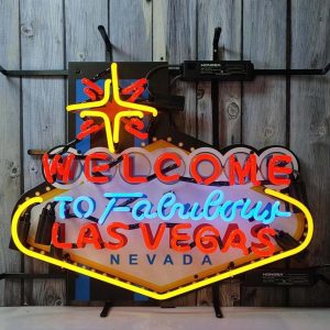 High Quality Super Bright Open Letter Display Welcome To Las Vegas, HD Jet Graphic Printed Board, Large Bright Glowing Glass Tube Neon LED Sign for Office, Party, Coffee Shop, Bar, Birthday, Men’s Cave, Home and Event Wall Art Decoration.