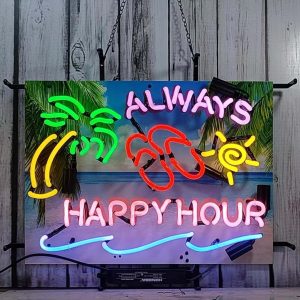 High Quality Super Bright Open Letter Display Always Happy Hour Palm Tree Beer, HD Jet Graphic Printed Board, Large Bright Illuminated Glass Tube Neon LED Sign for Office, Parties, Coffee Shops, Bars, Birthdays, Men’s Caves, Home and Event Wall Art Decoration.
