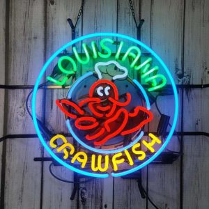 High quality super bright open letter display Louisiana crawfish with round border sign, large bright illuminated glass tube neon LED sign for office, parties, coffee shops, bars, birthdays, men’s caves, home and event wall art decoration.