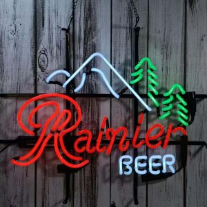 High Quality Super Bright Open Letter Display Rainiers Beer Mountain Sign, Large Bright Glowing Glass Tube Neon LED Sign for Office, Party, Coffee Shop, Bar, Birthday, Men’s Cave, Home and Event Wall Art Decoration.