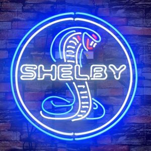 High Quality Super Bright Open Letter Display Shelby Cobra Round Sign, Large Bright Glowing Glass Tube Neon LED Sign for Office, Party, Coffee Shop, Bar, Birthday, Men’s Cave, Home and Event Wall Art Decoration.