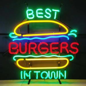 High quality super bright Best Burgers In Town sign, large glowing glass tube neon LED sign for office, parties, coffee shops, bars, birthdays, men’s caves, home and event wall art decor.