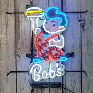 High quality super bright Bob’s Big Boy restaurant burger sign with HD inkjet graphic print board, large glowing glass tube neon LED sign for office, parties, coffee shops, bars, birthdays, men’s caves, home and event wall art decor.