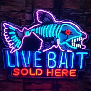 High quality super bright fishing live bait for sale sign with high definition inkjet graphic printing board, large glowing glass tube neon LED sign for office, party, coffee shop, bar, birthday, men’s cave, home and event wall art decoration.