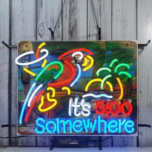 High Quality Super Bright Its 5 O’clock Somewhere Parrot Beach Palm Tree Sign, High Definition Inkjet Graphic Printed Board, Large Glowing Glass Tube Neon LED Sign for Office, Party, Coffee Shop, Bar, Birthday, Men’s Cave, Home and Event Wall Art Decoration.