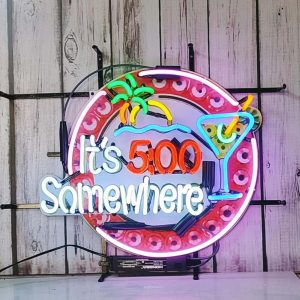 High Quality Super Bright It’s 5:00 Somewhere Palm Tree Martini Sign, High Definition Inkjet Graphic Printed Board, Large Glowing Glass Tube Neon LED Sign for Office, Party, Coffee Shop, Bar, Birthday, Men’s Cave, Home and Event Wall Art Decoration.
