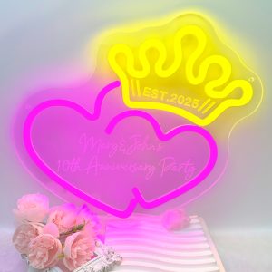 Custom double heart neon with crown motif and name, 3D engraving, personalised LED neon lights for weddings, engagements, restaurants, parties, clubs, bedrooms and living room decorations, ideal for parties, weddings and bedroom one-of-a-kind gifts!