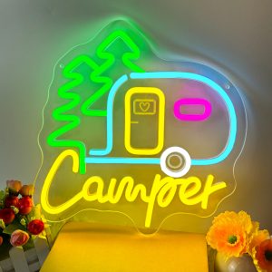 Custom camping signs and name neon lights, personalised LED neon lights for theme parties, caravans, camping, gifts, campsites and home decor, ideal unique gifts for camping hobbies, birthday gifts, housewarming and more.